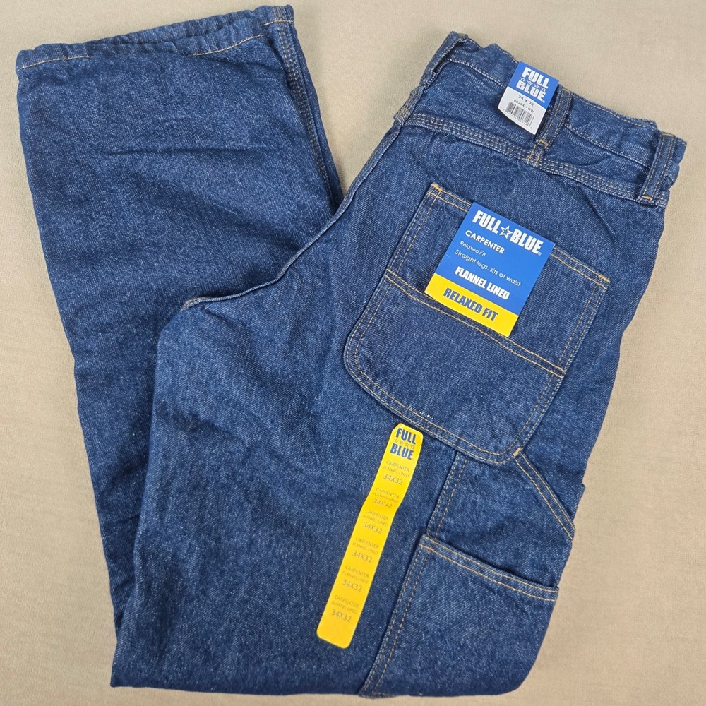 Full Blue Men 34x32 Carpenter Jeans Flannel Lined Relaxed Fit Heavy Work NEW